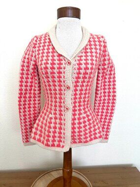 Hand Knit Blazer - Funky Bright Coral Houndstooth Pattern - Size Small